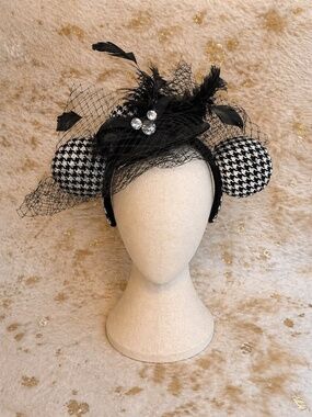 Minnie Mouse Fascinator Headband Black Feather Veil Houndstooth Ears Vintage Glm